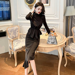 Mock Neck Pleated Peplum Cocktail Dress