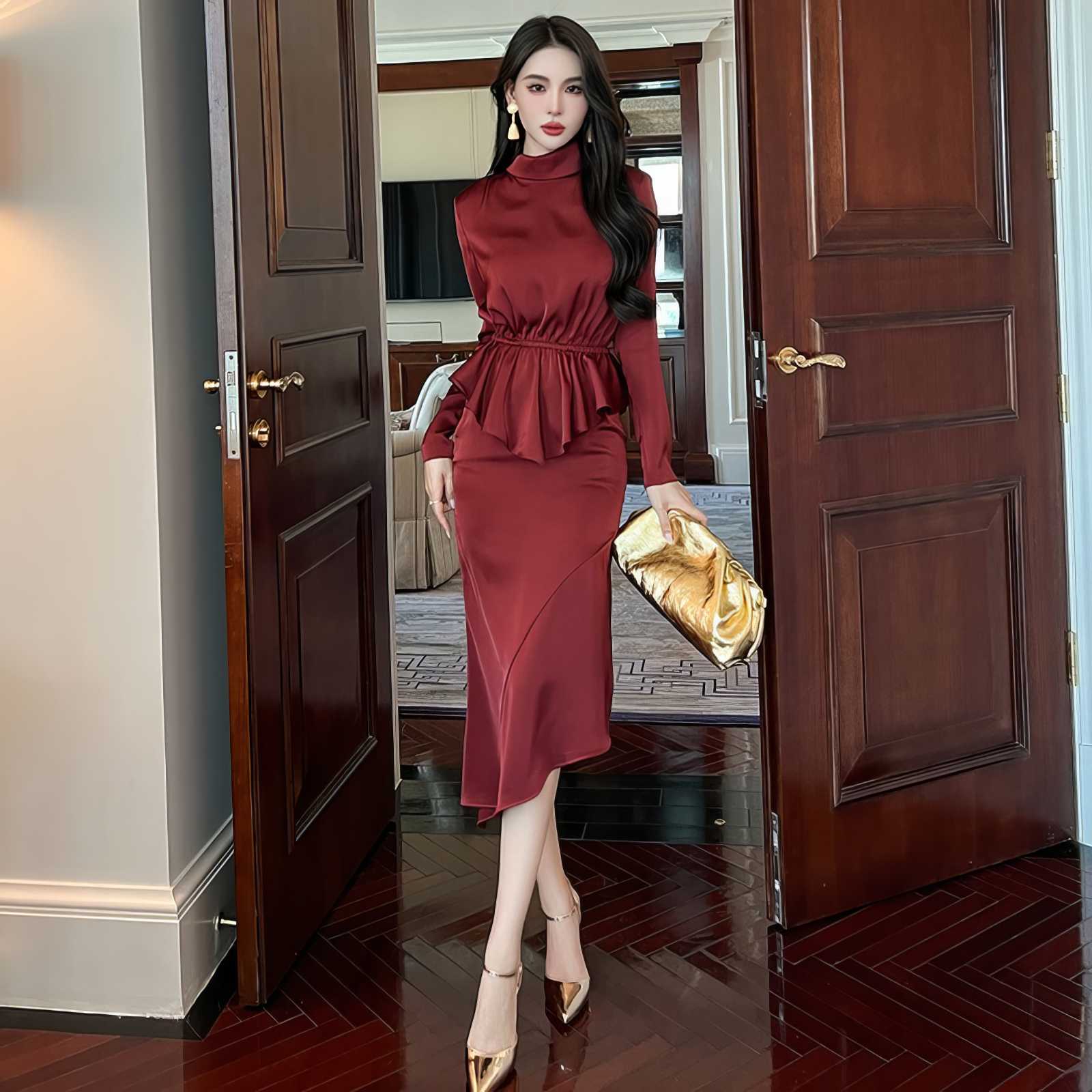 Mock Neck Pleated Peplum Cocktail Dress