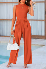 Mock Neck Sleeveless Wide Leg Jumpsuit Orange / M