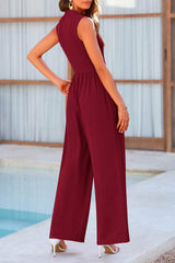 Mock Neck Sleeveless Wide Leg Jumpsuit Wine / M