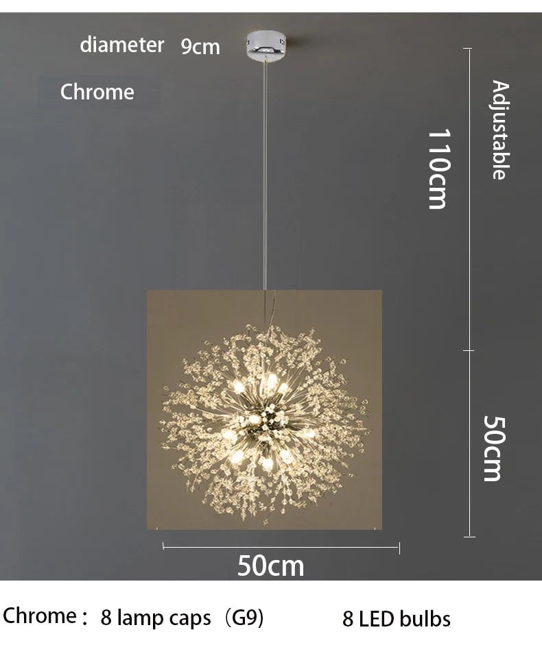 Modern Sky Star Crystal Pendant LED Lighting: Fireball Dandelion for Restaurant, Living Room, Bar - Art Danish Luminaire Chrome 8 head / 220V / Warm White
