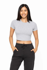 MONO B Essential Micro-ribbed Cropped Athleisure Tee HEATHER GREY / S