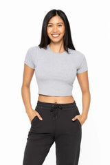 MONO B Essential Micro-ribbed Cropped Athleisure Tee HEATHER GREY / S