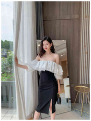 Monochrome Ruffle Off-Shoulder Dress