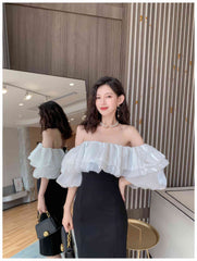 Monochrome Ruffle Off-Shoulder Dress