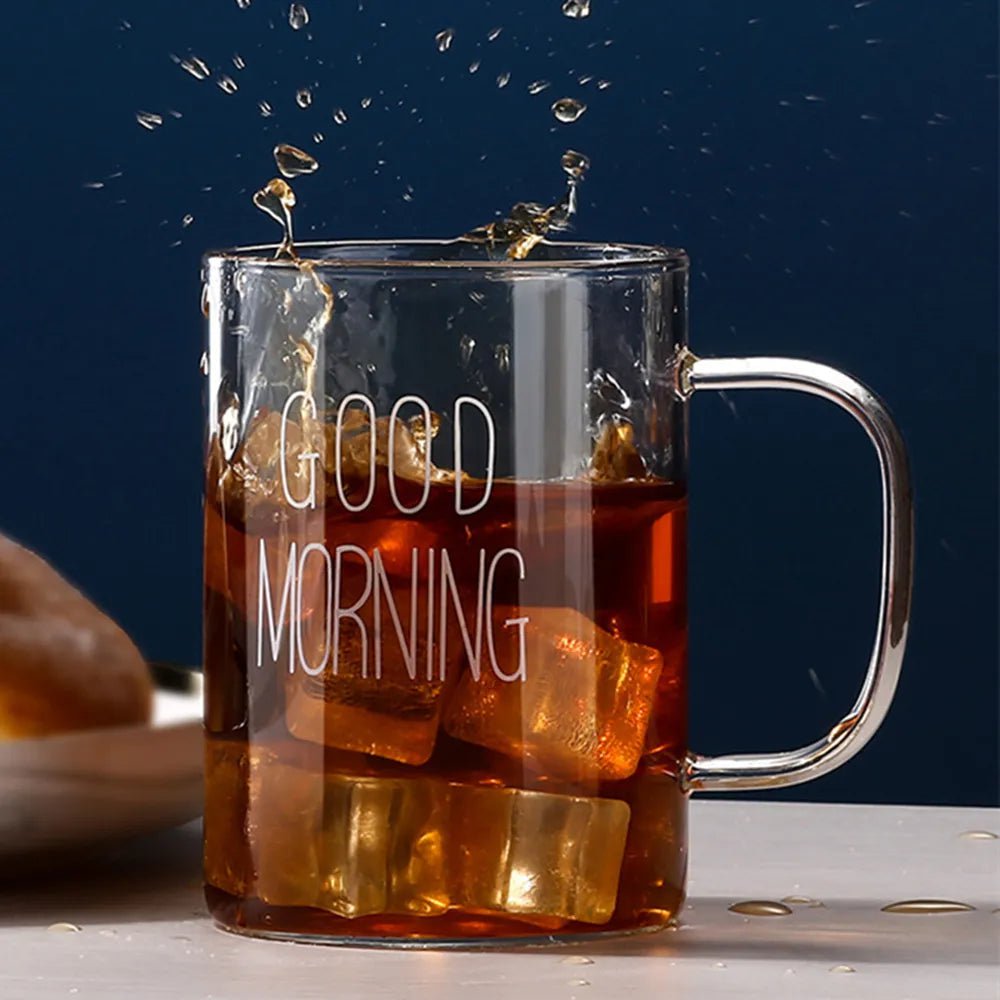 Morning glass mug with handle: transparent cup for coffee, milk