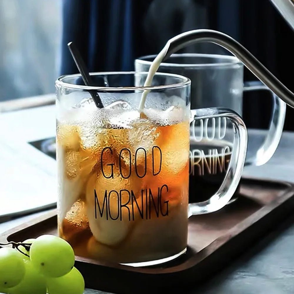 Morning glass mug with handle: transparent cup for coffee, milk