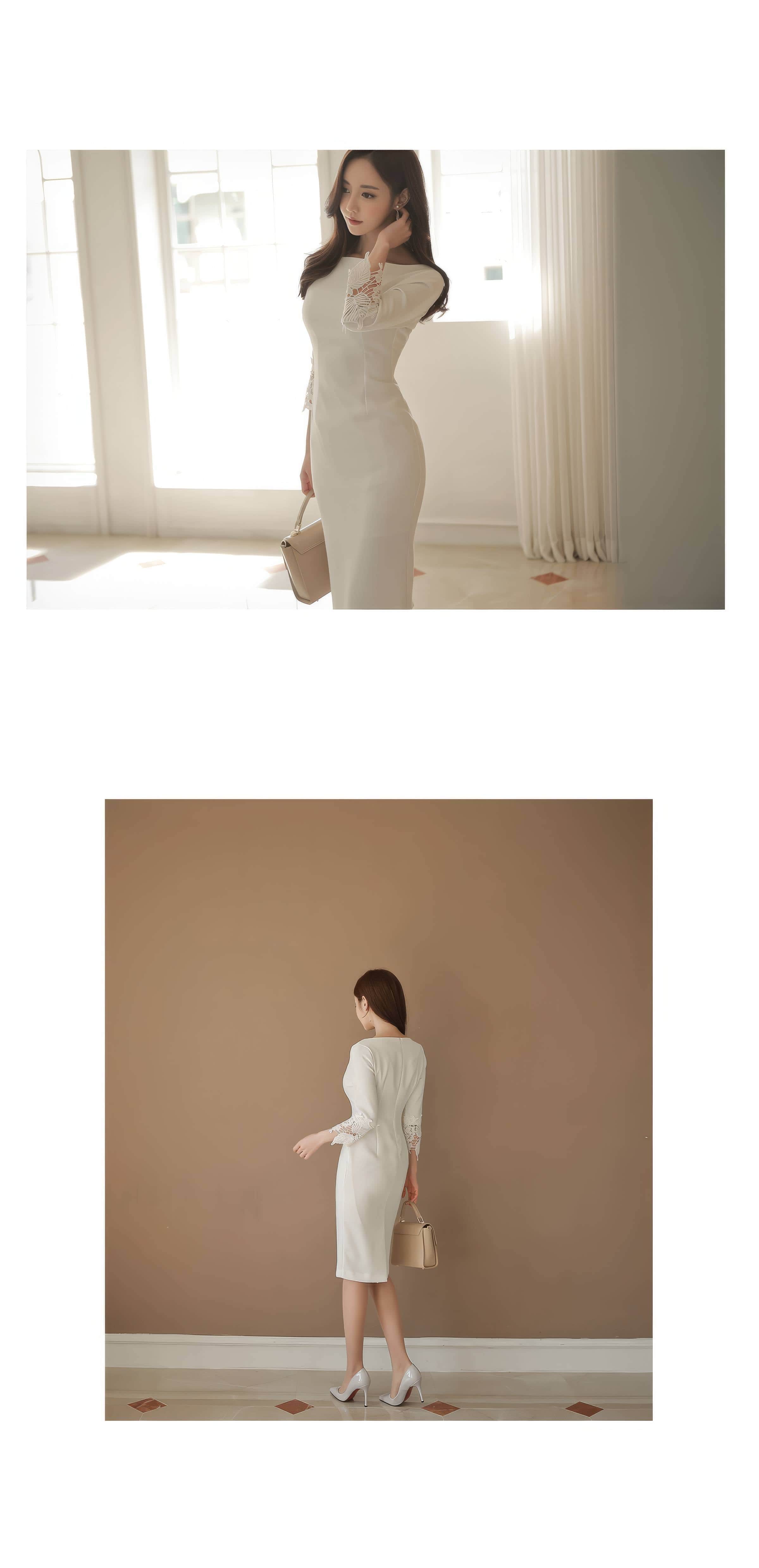 Mosaic Lace-Embellished Sleeves Midi Dress
