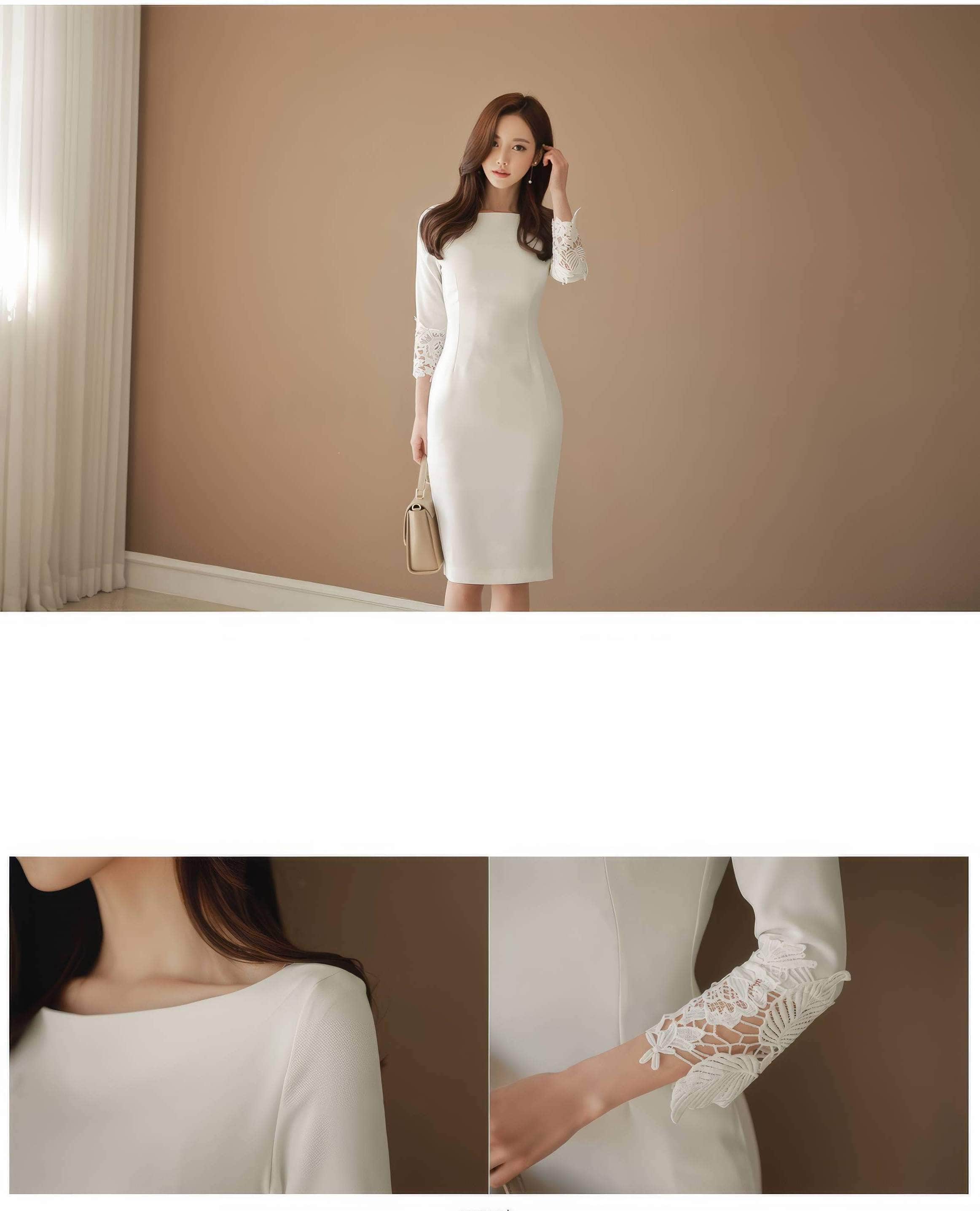 Mosaic Lace-Embellished Sleeves Midi Dress