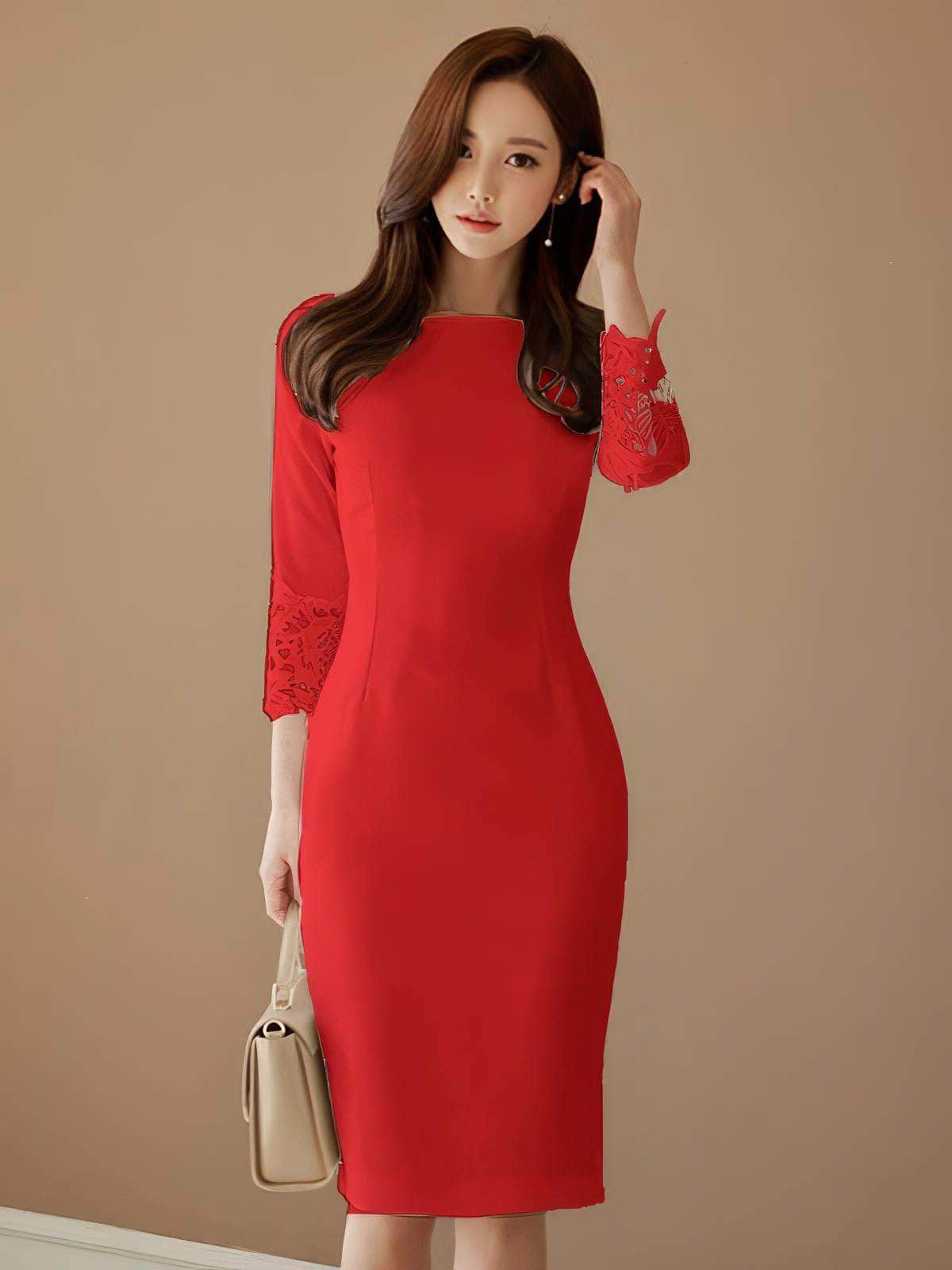 Mosaic Lace-Embellished Sleeves Midi Dress S / Red