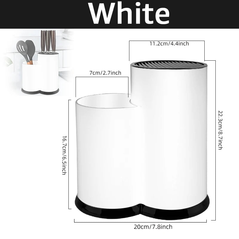 Multi-purpose Knife Holder - Kitchen Cutlery Storage Cylinder with Shelf for Knives and Utensils 2 hole White