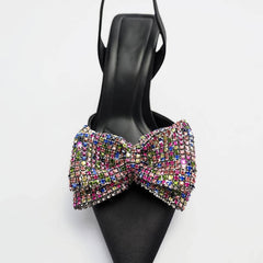Multicolor Bow Embellished Slingback Sandal Heels