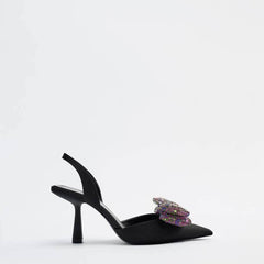 Multicolor Bow Embellished Slingback Sandal Heels