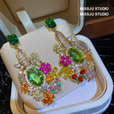 Multicolor Gemstone Crystal Floral Decor Statement Earrings Multicolor