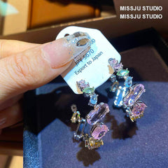 Multicolor Geometric Gemstone Cut Out Hoop Sparkling Earrings Multicolor