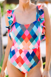 Multicolor Plaid Print Square Neck Frill Sleeveless Backless One-Piece Swimwear Multicolor / S