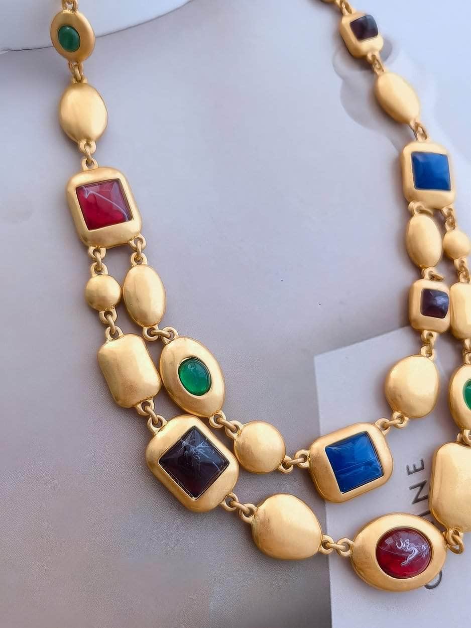 Multicolor Two-Row Statement Gold Necklace Gold / Necklace