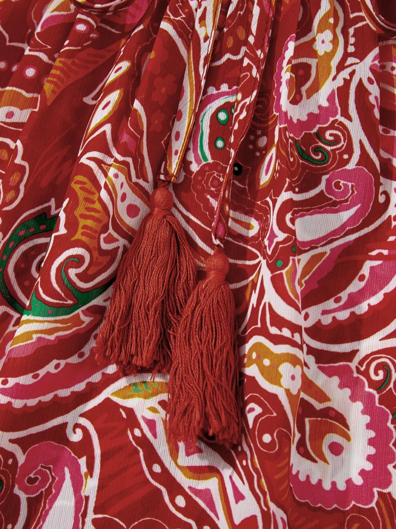 Multicolour Ethnic Paisley Print Tassel Tie Puff Sleeve Boho Blouse