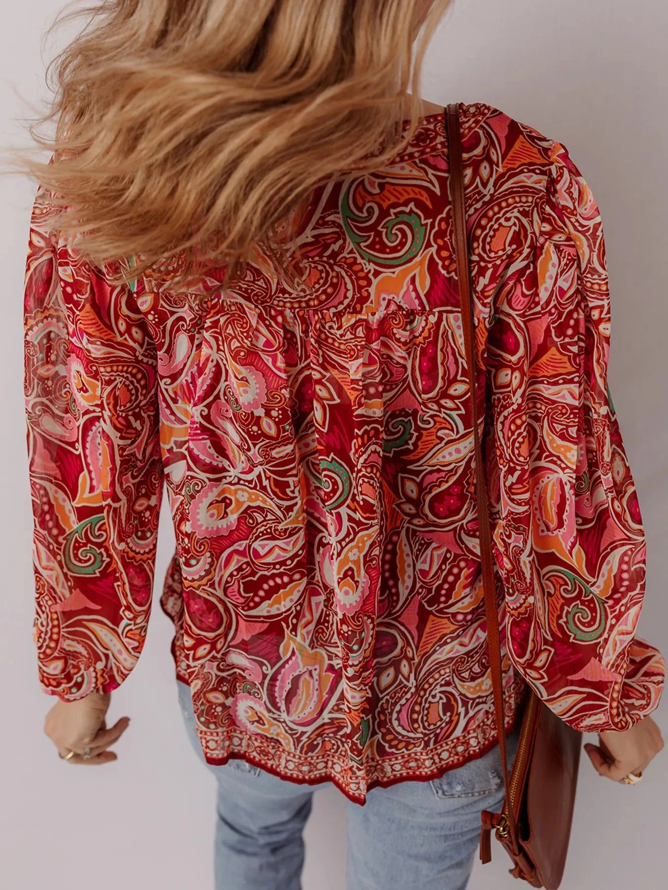 Multicolour Ethnic Paisley Print Tassel Tie Puff Sleeve Boho Blouse