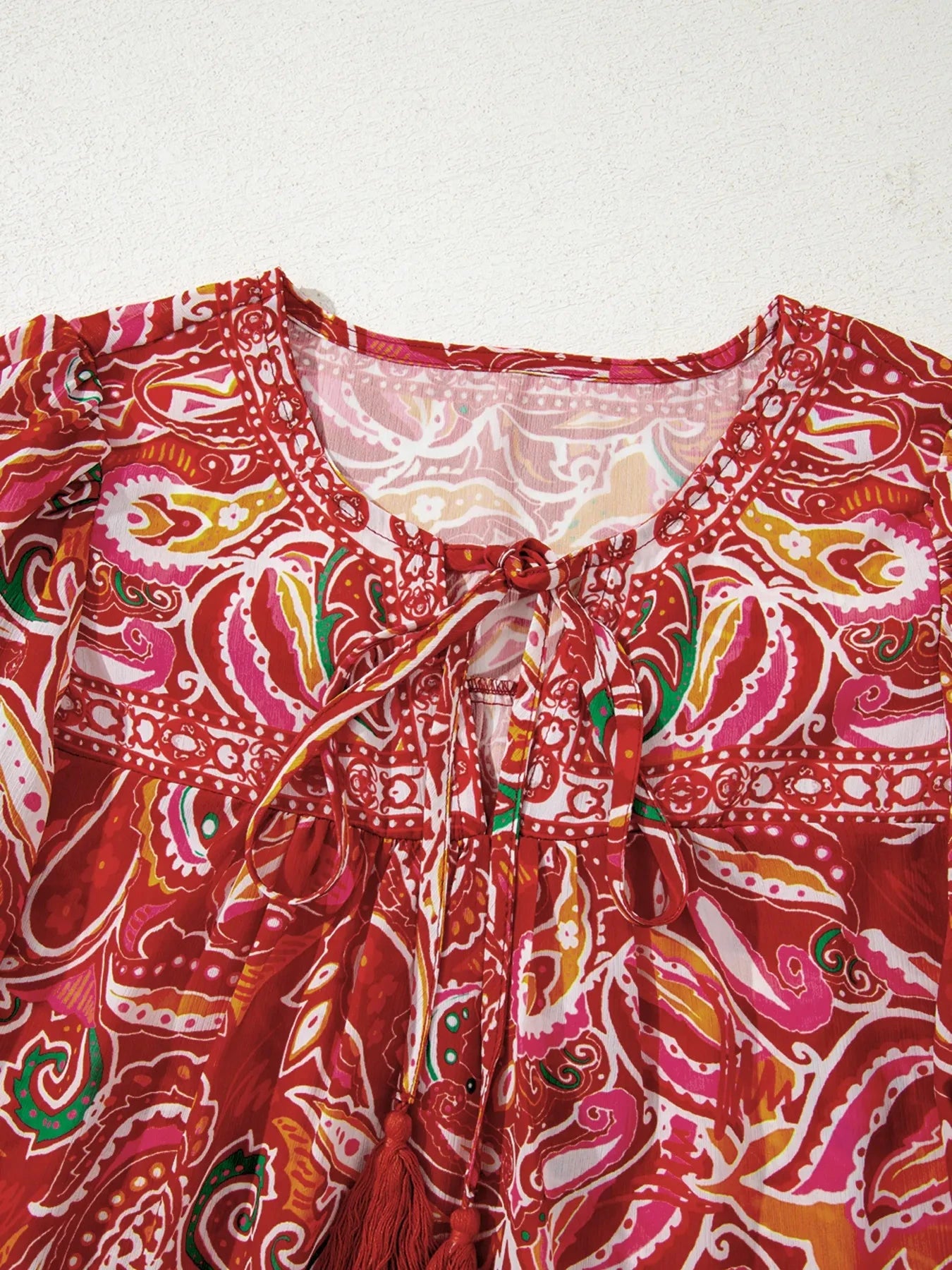 Multicolour Ethnic Paisley Print Tassel Tie Puff Sleeve Boho Blouse