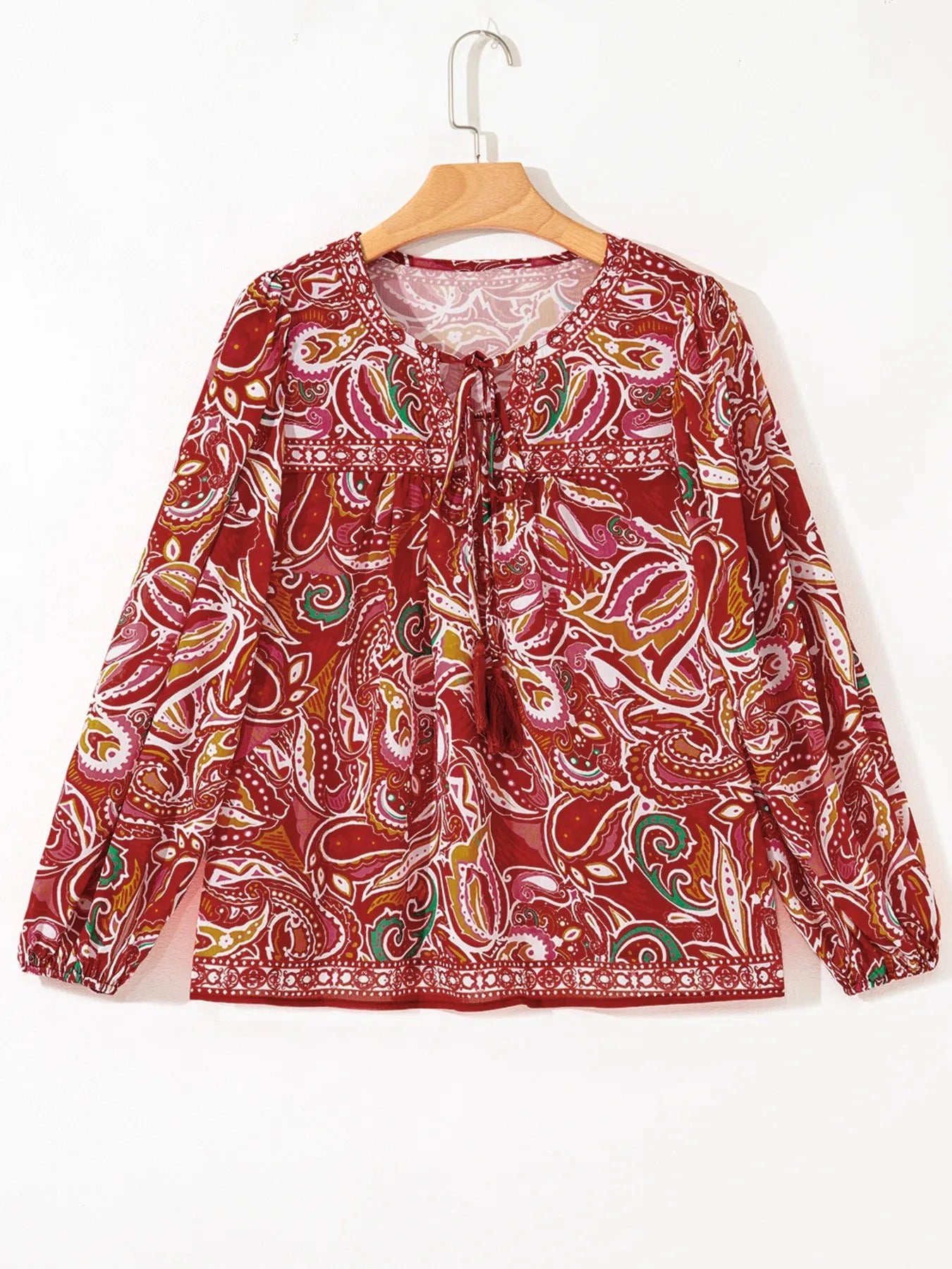 Multicolour Ethnic Paisley Print Tassel Tie Puff Sleeve Boho Blouse