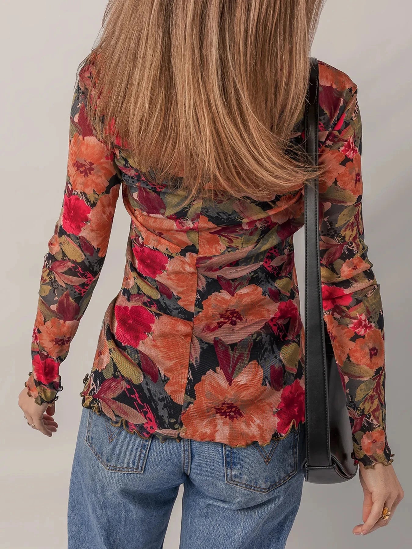 Multicolour Floral Print Lettuce Trim Long Sleeve Mesh Top
