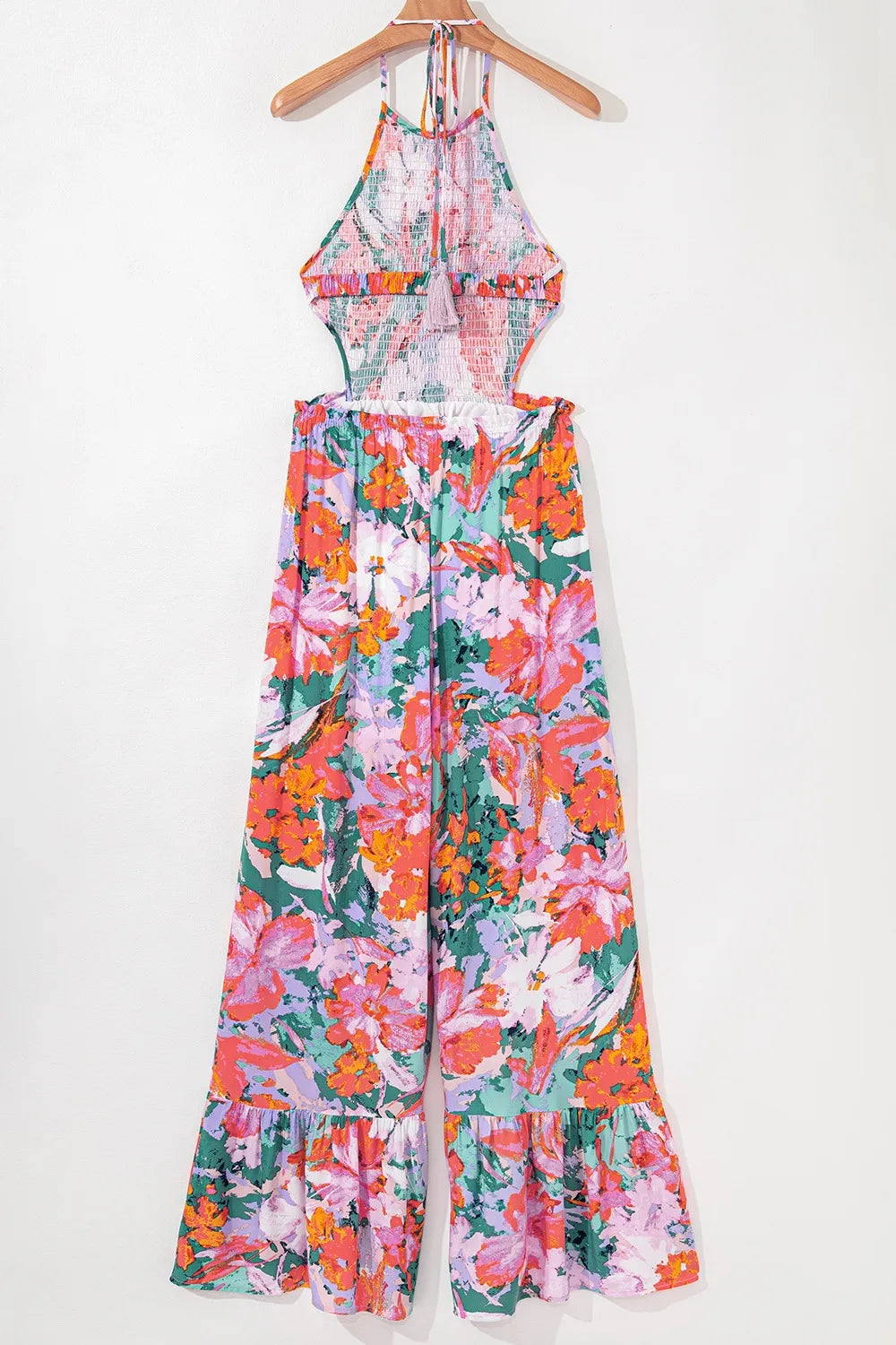 Multicolour Floral Print Smocked Halter Neck Sleeveless Wide Leg Jumpsuit