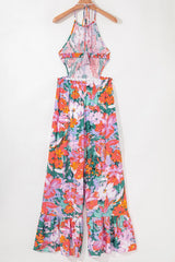 Multicolour Floral Print Smocked Halter Neck Sleeveless Wide Leg Jumpsuit