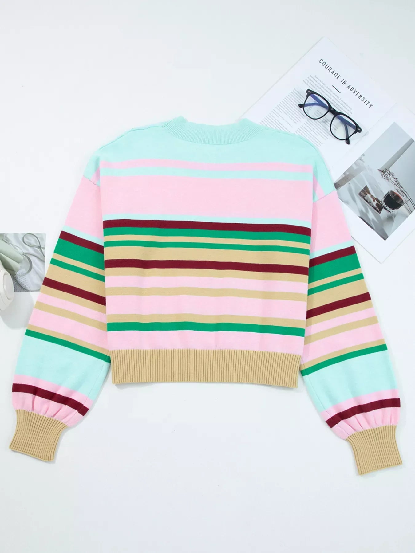 Multicolour Striped Knit Ribbed Trim Boxy Fit Cropped Sweater