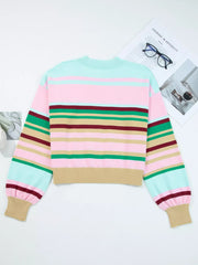 Multicolour Striped Knit Ribbed Trim Boxy Fit Cropped Sweater