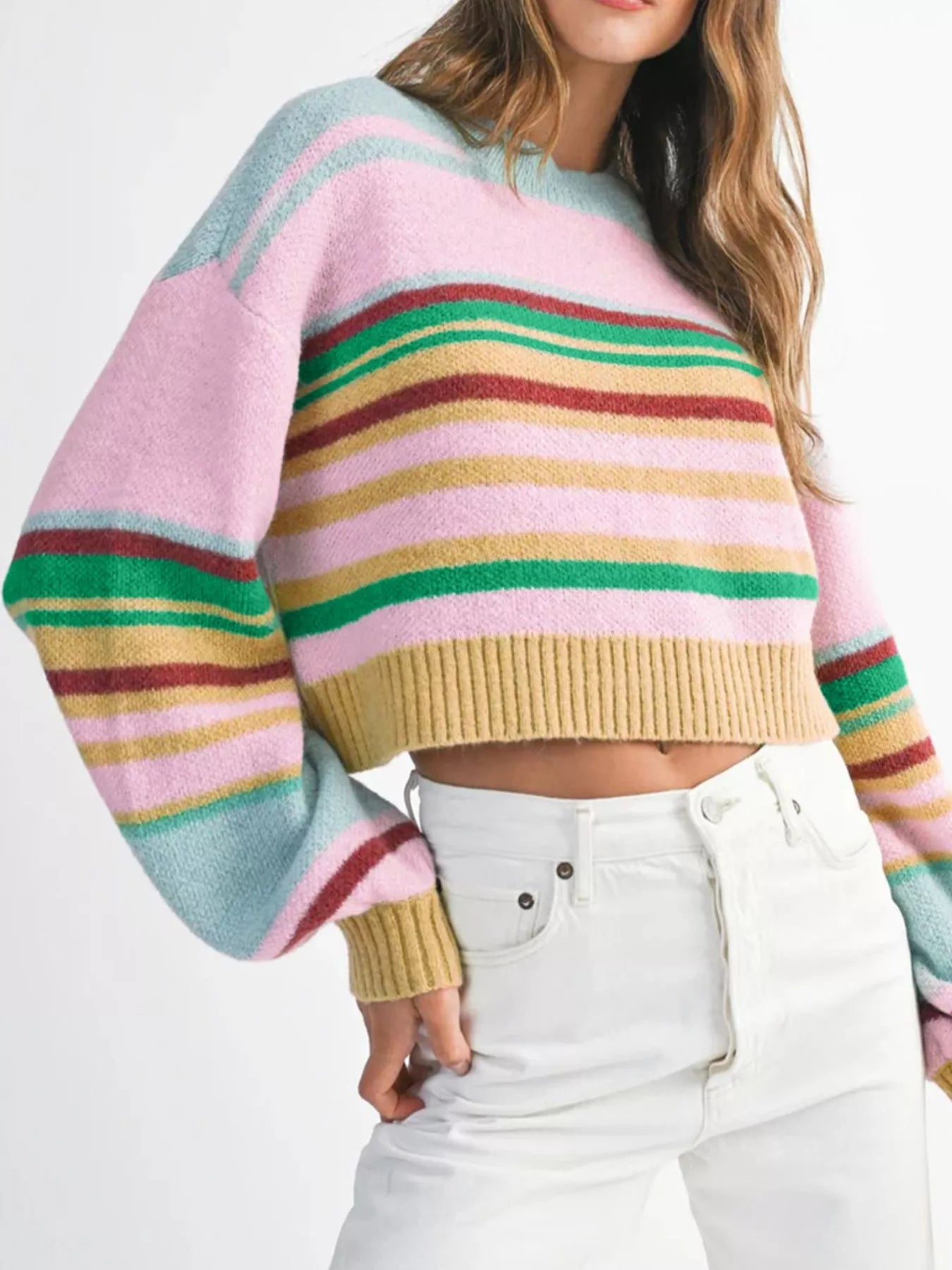 Multicolour Striped Knit Ribbed Trim Boxy Fit Cropped Sweater