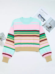 Multicolour Striped Knit Ribbed Trim Boxy Fit Cropped Sweater