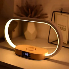 Multifunction Wireless Charger Pad Stand - Clock LED Desk Lamp Night Light, USB Port Fast Charging Dock for iPhone and Samsung Wooden