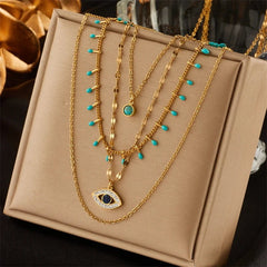Multilayer Green Stone Eye Necklaces: Stainless Steel Jewelry for Women, Vintage Chokers, Party Gift Accessories N1760