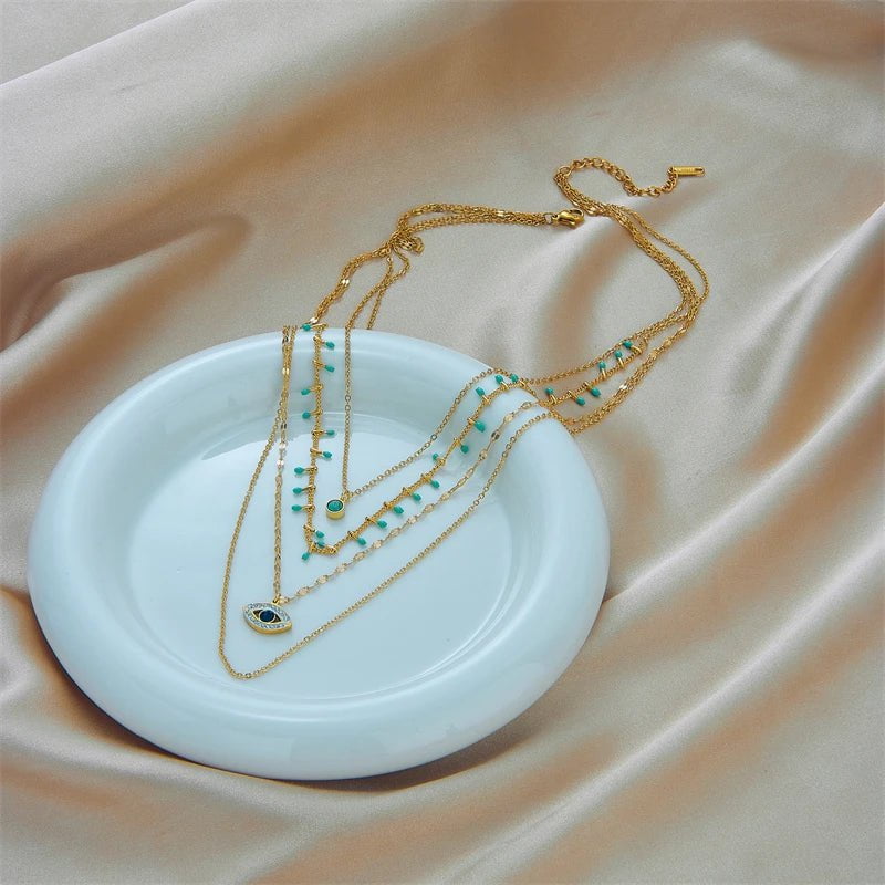 Multilayer Green Stone Eye Necklaces: Stainless Steel Jewelry for Women, Vintage Chokers, Party Gift Accessories N1760