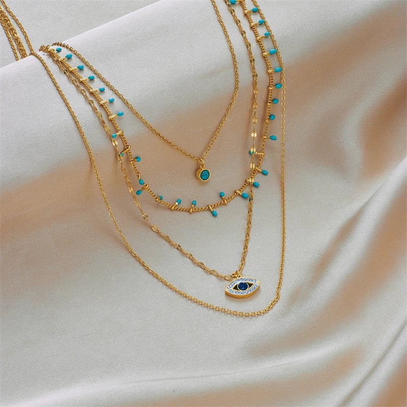 Multilayer Green Stone Eye Necklaces: Stainless Steel Jewelry for Women, Vintage Chokers, Party Gift Accessories N1760