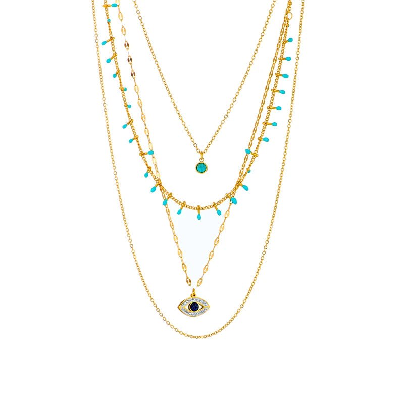Multilayer Green Stone Eye Necklaces: Stainless Steel Jewelry for Women, Vintage Chokers, Party Gift Accessories N1760
