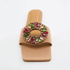 Multistone Crystal Embellished Flat Slip-On Slides