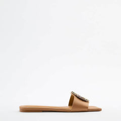 Multistone Crystal Embellished Flat Slip-On Slides