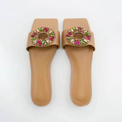 Multistone Crystal Embellished Flat Slip-On Slides