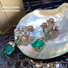 Multistone Floral Decor Dangle Drop Earrings Multicolor