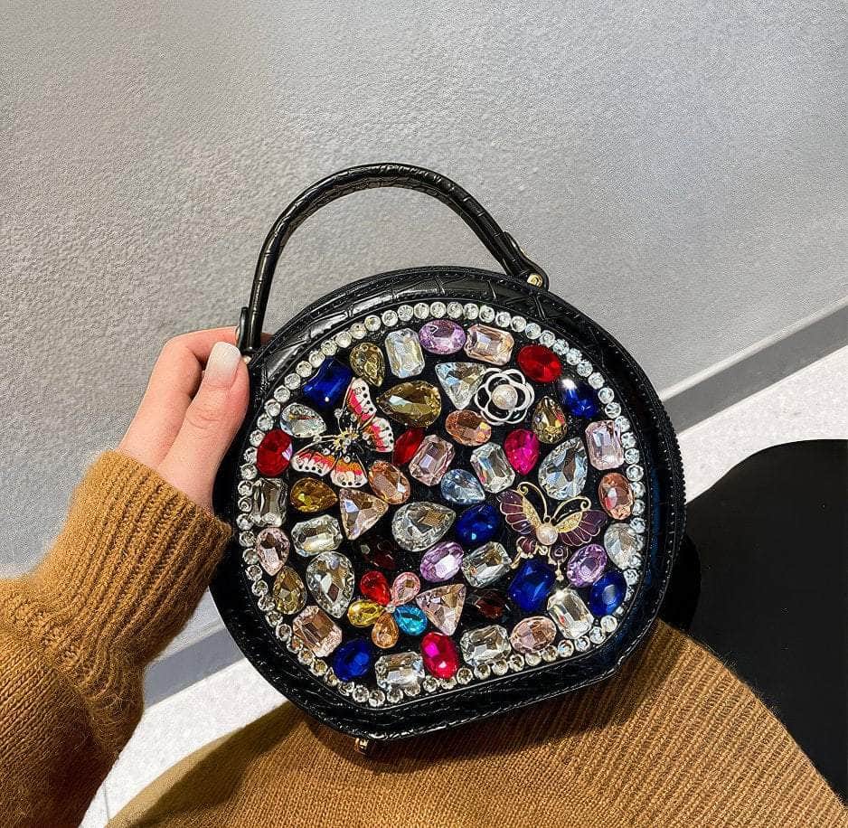 Multistone Round Crystal Luxury Perfume Lippie Deco Purse Black