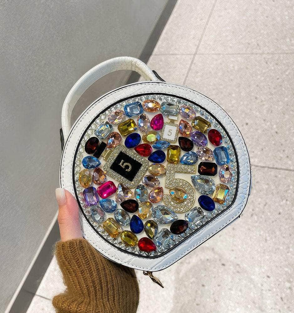 Multistone Round Crystal Luxury Perfume Lippie Deco Purse White