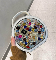 Multistone Round Crystal Luxury Perfume Lippie Deco Purse White