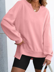 Notched Long Sleeve Oversized Sweatshirt