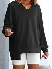 Notched Long Sleeve Oversized Sweatshirt