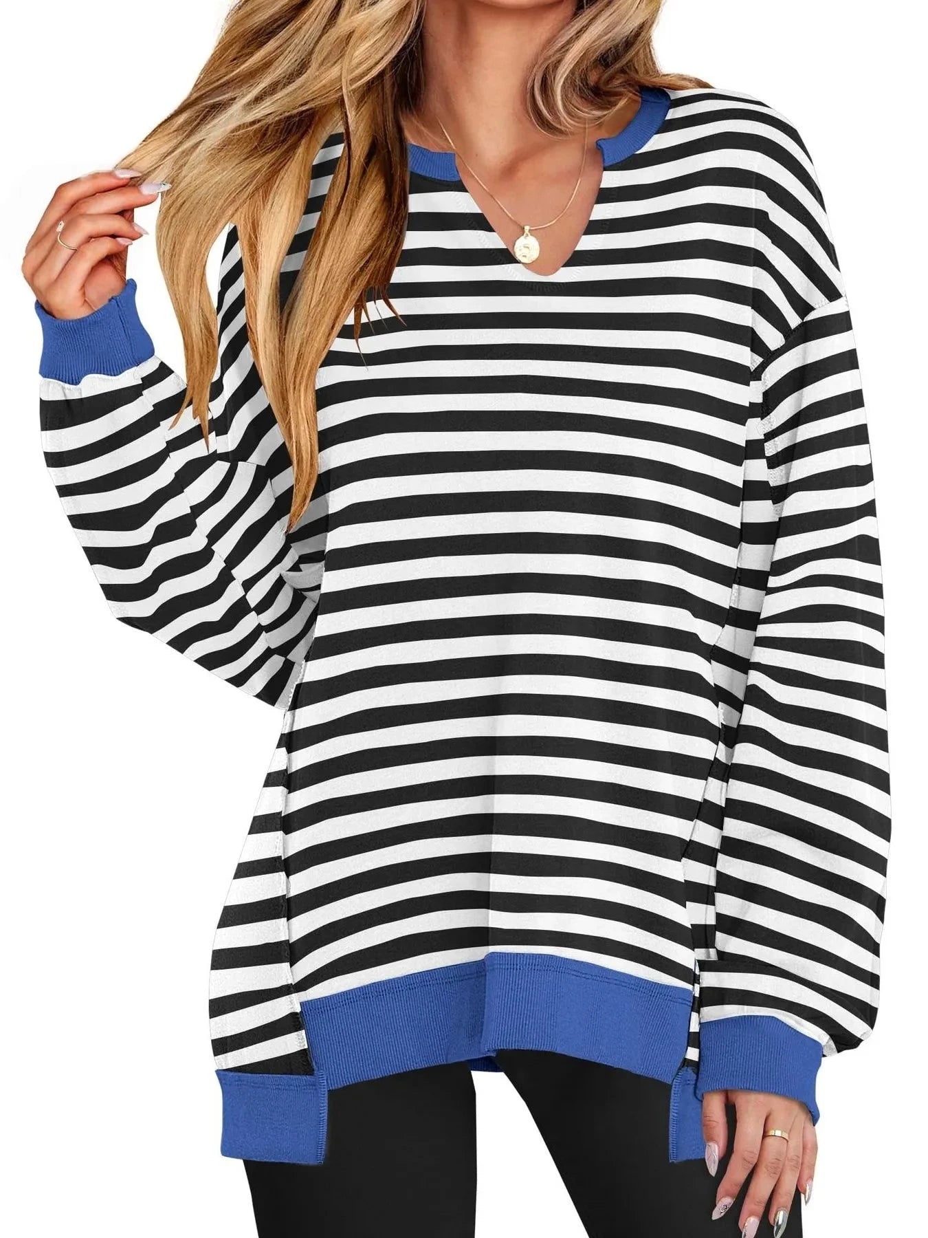 Notched Long Sleeve Oversized Sweatshirt Black And White Stripes / S