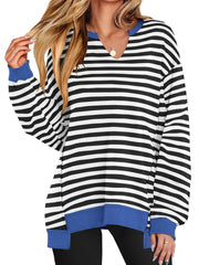Notched Long Sleeve Oversized Sweatshirt Black And White Stripes / S