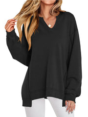 Notched Long Sleeve Oversized Sweatshirt Black / S