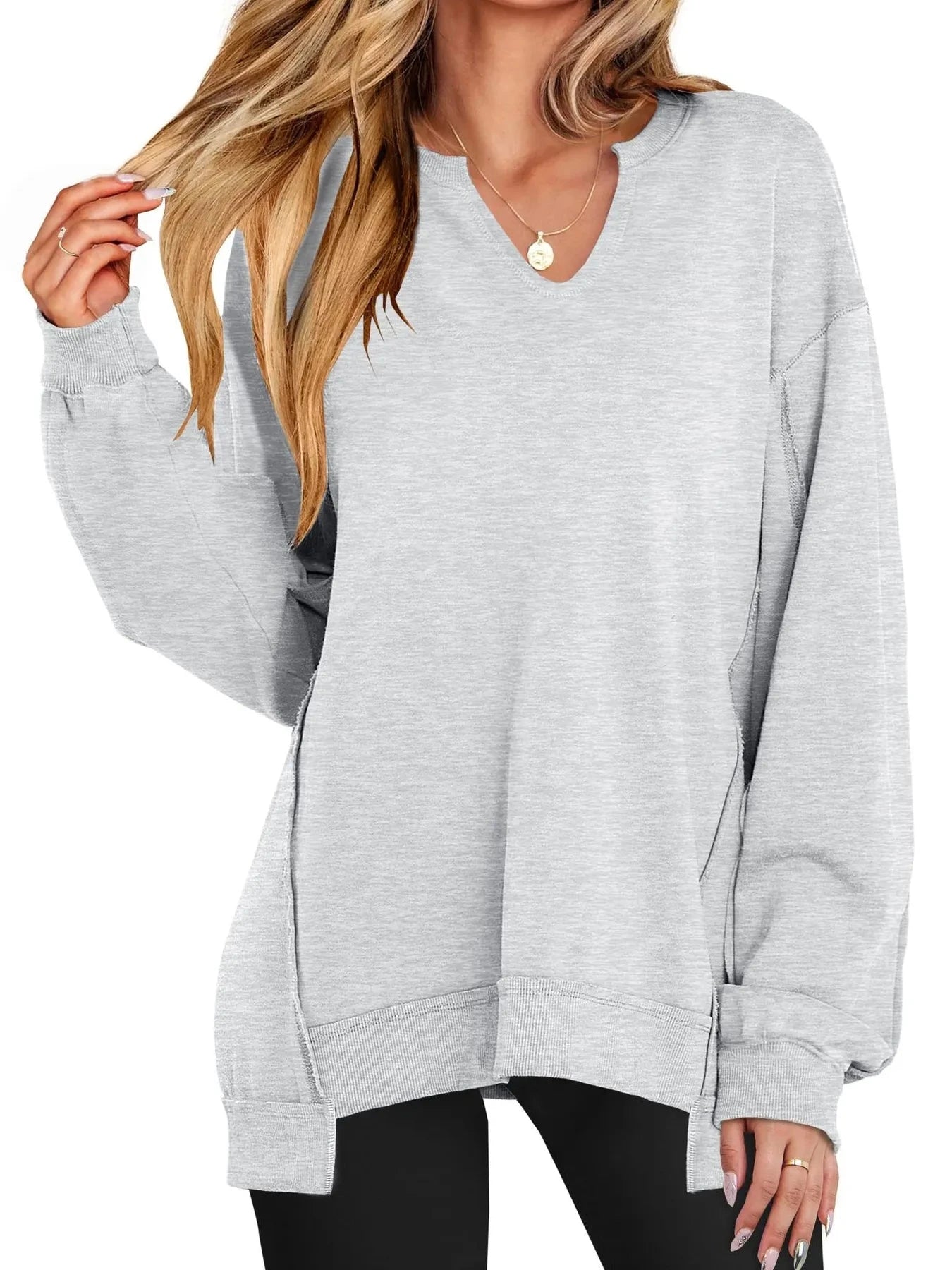 Notched Long Sleeve Oversized Sweatshirt Light Gray / S